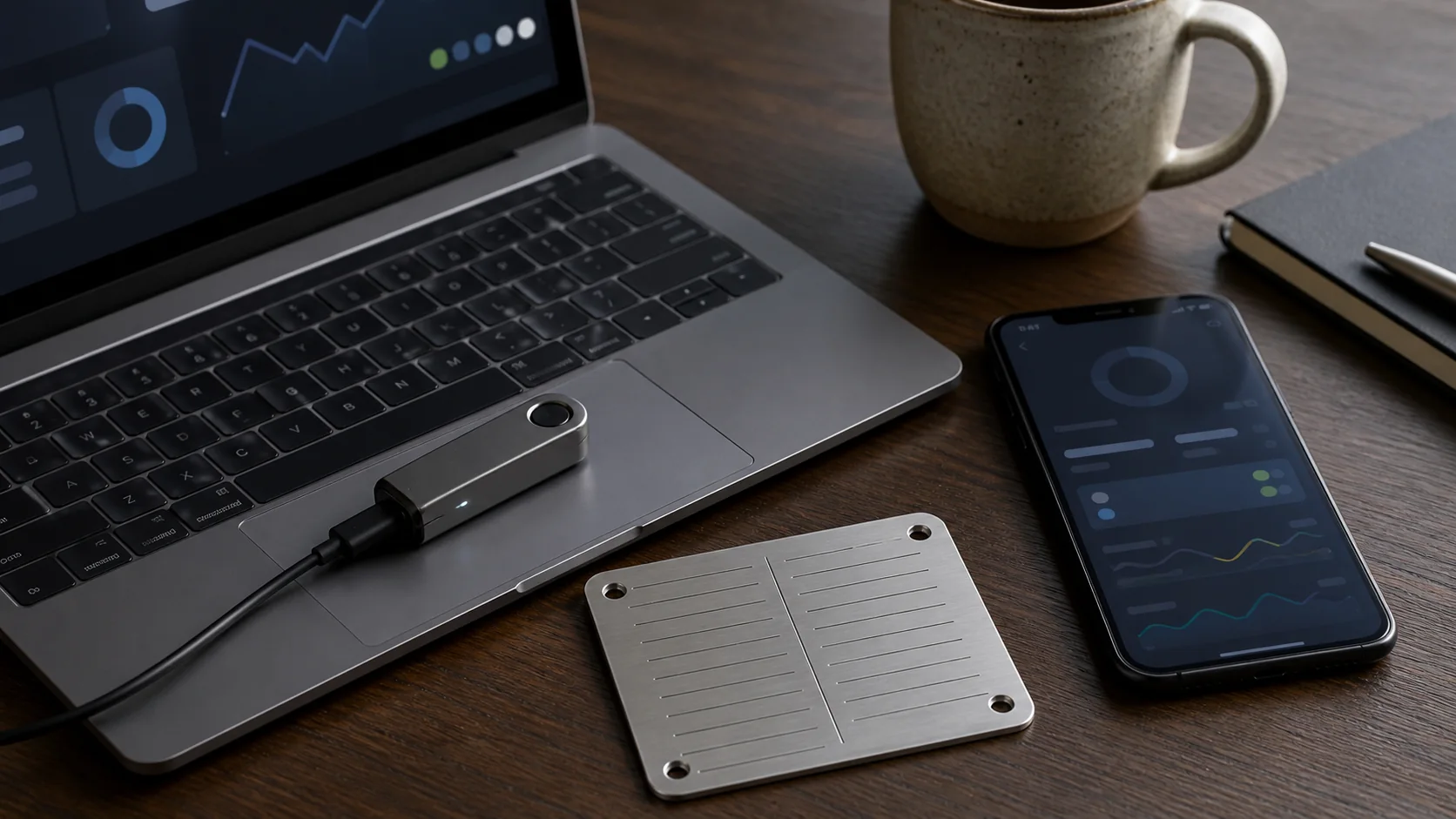 An unbranded hardware wallet and blank metal recovery backup beside a laptop, with a separate smartphone representing a custodial account.