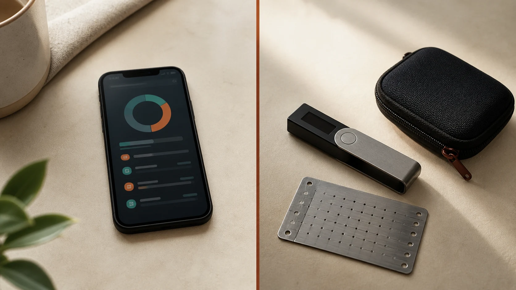 A generic exchange-style account screen beside a hardware wallet and a recovery card, illustrating custodial and self-custody tools.