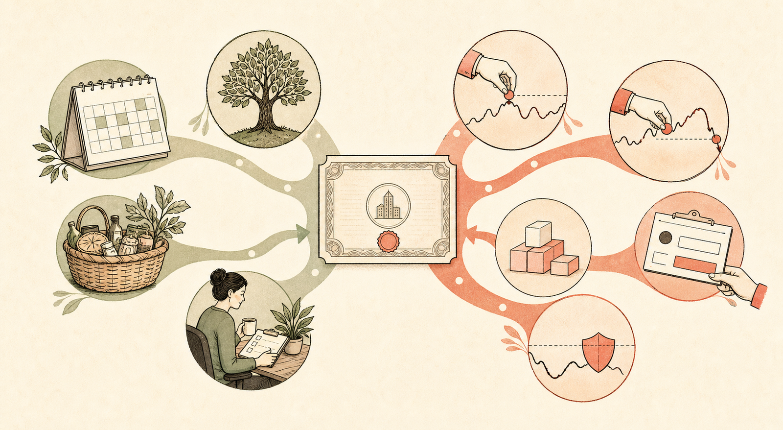 Illustration showing the same company share at the centre of two decision paths: a long-term investing path represented by a calendar, growing tree, diversified basket and periodic review, and a trading path represented by entry and exit markers, position-size blocks, an order ticket and a protective risk control.