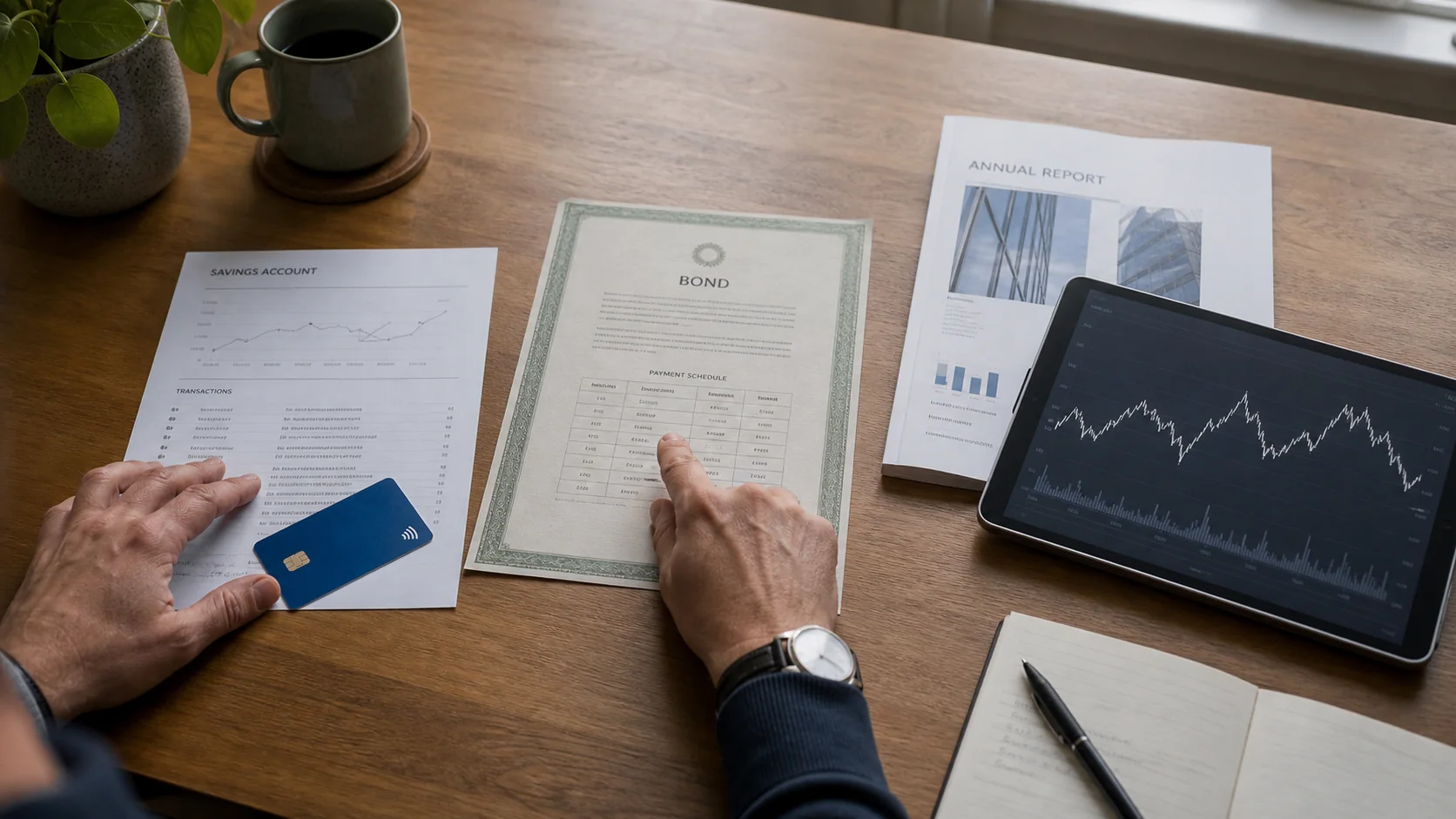 Hands compare a savings-account document, a conventional bond payment schedule and a company annual report beside a tablet price chart.