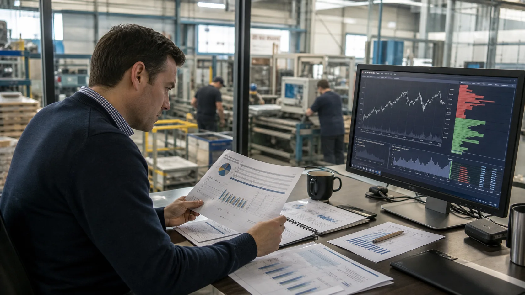 An analyst reviews company financial statements inside an operating factory while a separate screen shows a changing market price and order book.