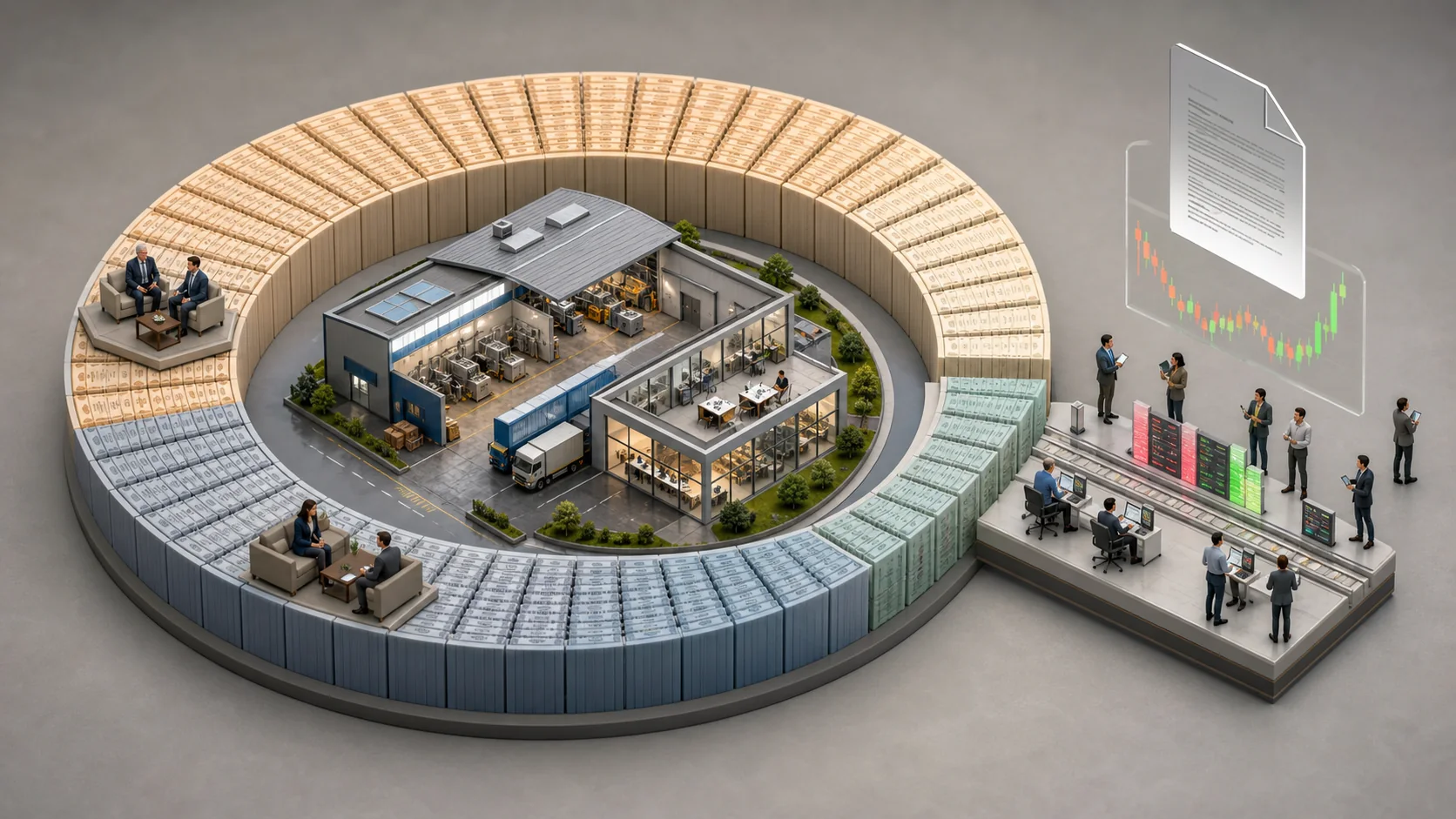 Isometric illustration of a small operating factory surrounded by concentrated long-term shareholdings and a smaller free float connected to active traders and a company announcement.