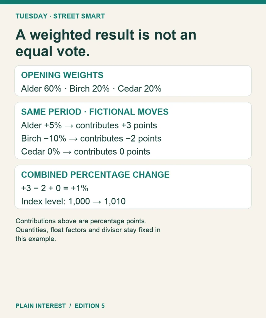 Fictional index: opening weights 60%, 20%, 20%; price moves +5%, −10%, 0%; combined change +1%.
