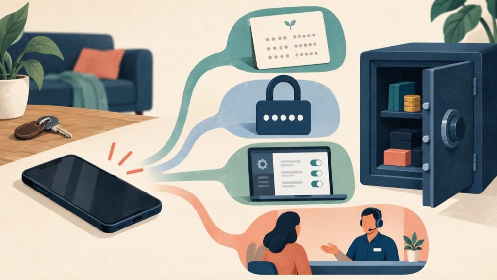 A lost phone branches into different wallet recovery requirements, including a phrase, passphrase, settings and custody support.