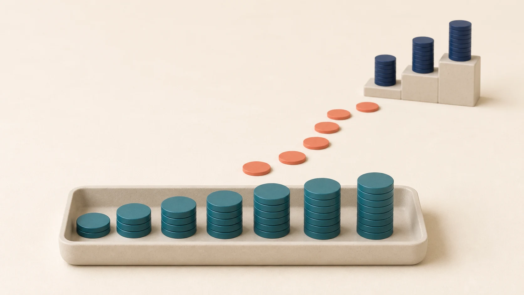 Seven teal coin stacks held in an accessible tray, with a separate coral path leading towards three longer-term investment steps.