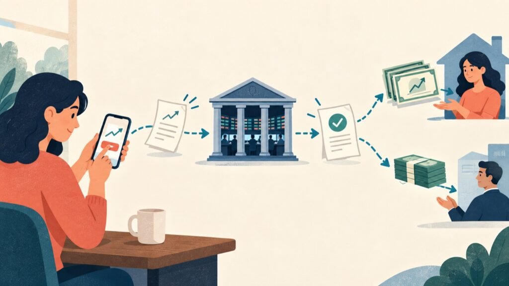 A Buy instruction moves through execution and later settlement before cash or shares are fully delivered.