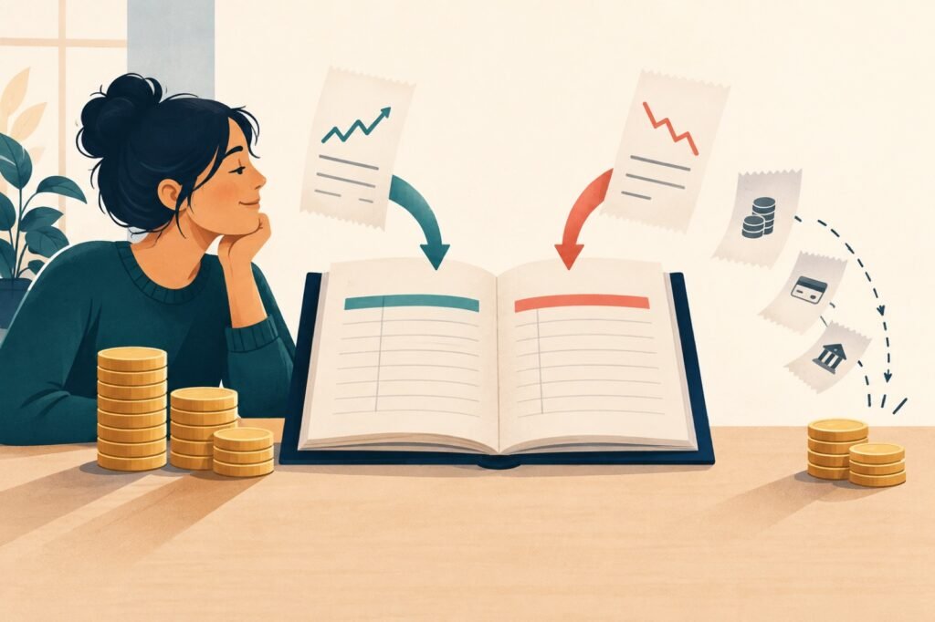 A buy receipt and a sale receipt feed a ledger while separately charged costs reduce the final cash result.